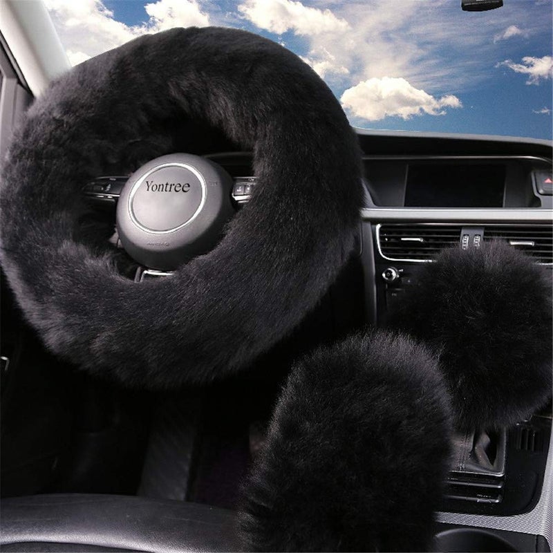Yontree Fashion Fluffy Steering Wheel Covers for Women/Girls/Ladies/Men Australia Pure Wool Universal 15 Inch 1 Set 3 Pcs (Black) - Image 1